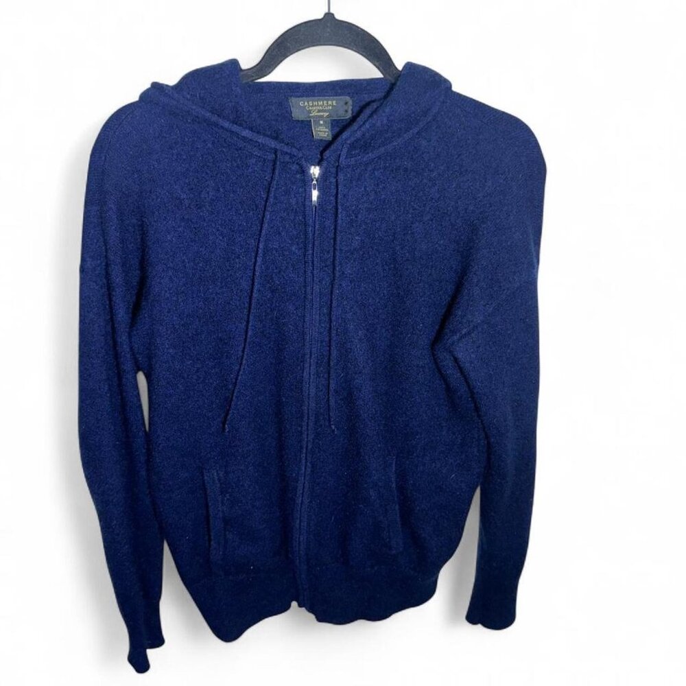 Charter Club Pure 100% Cashmere Navy Full Zip Hooded Sweater Jacket Cardigan Med - Picture 2 of 7